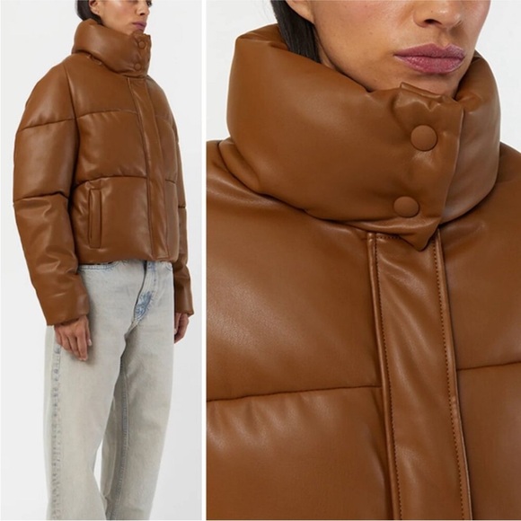 Apparis Brown Faux Leather Puffer Jacket - Picture 4 of 11